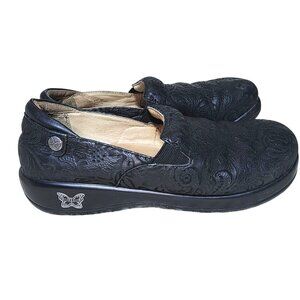 Alegria by PG LiteComfort Shoes 38 US 7.5/8 W Black Tooled Leather Slip On Clogs